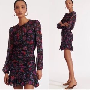 Veronica Beard Robin Silk Floral Mini Long Sleeve Dress, Black Floral, Size 0